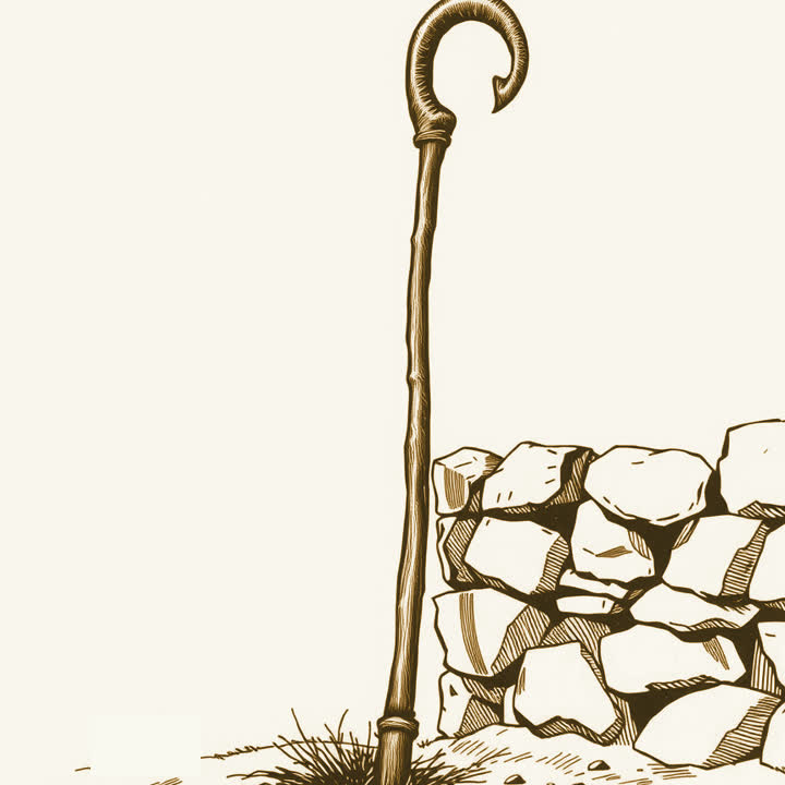 A shepherd’s crook leaning against a dry stone wall, plain background, nothing else, no border