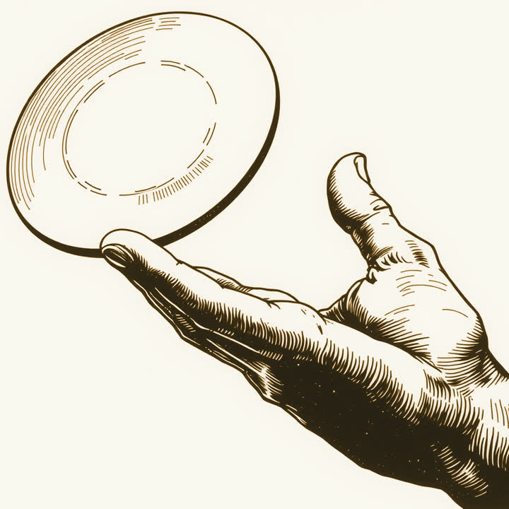 A thumb flicking a plain smooth metal disc high into the air above an open hand