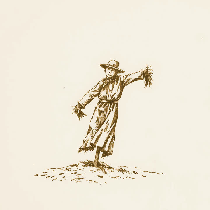 A scarecrow of straw leaning at an angle on bare ground, plain background, nothing else, no border