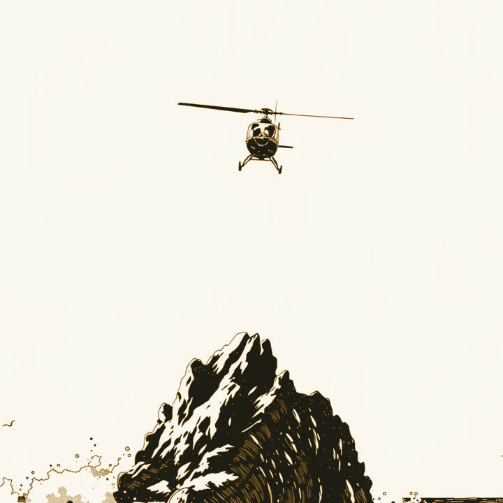 A small helicopter flying low along a rocky coastline above breaking waves