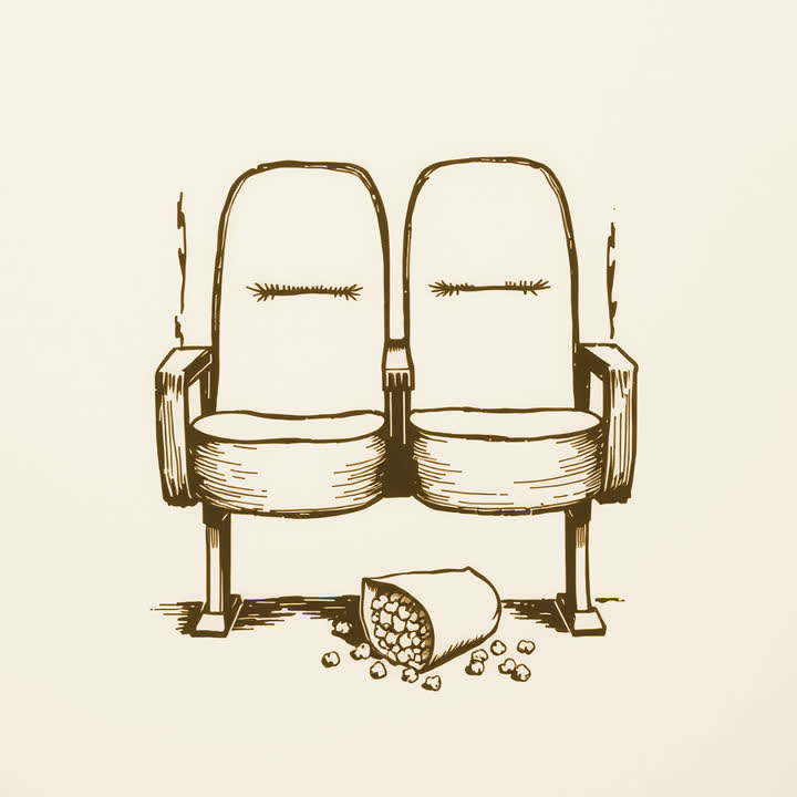 An empty cinema seat with a spilled bag of popcorn on the floor in front of it