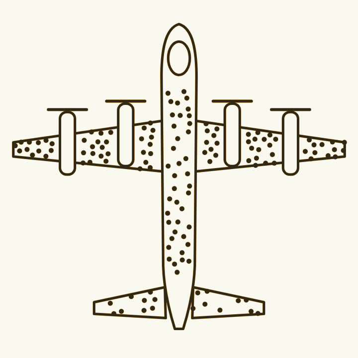 Plan view of a bomber with bullet holes on the wings, body and tail, and none on the engines or cockpit