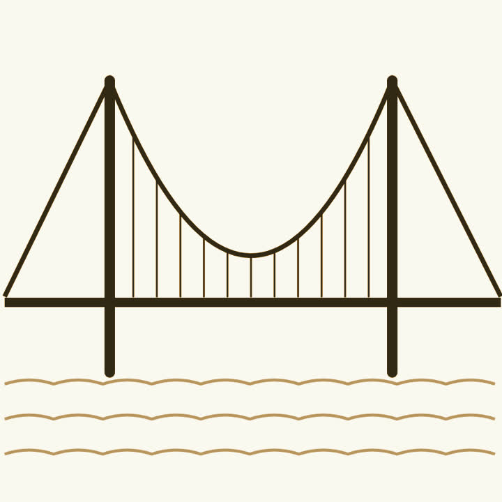 A long slender suspension bridge hanging between two tall towers over water