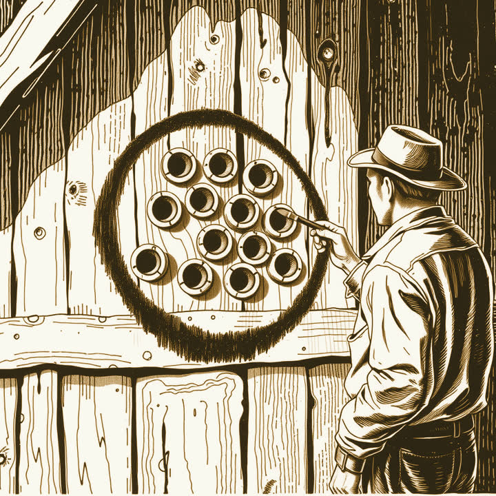 A man with a paintbrush painting a ring around a cluster of bullet holes on a wooden barn wall