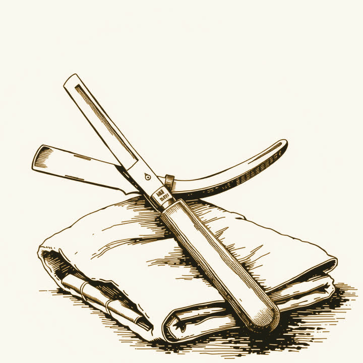 An open cut throat razor, its long steel blade folded out from a bone handle, lying on a folded towel
