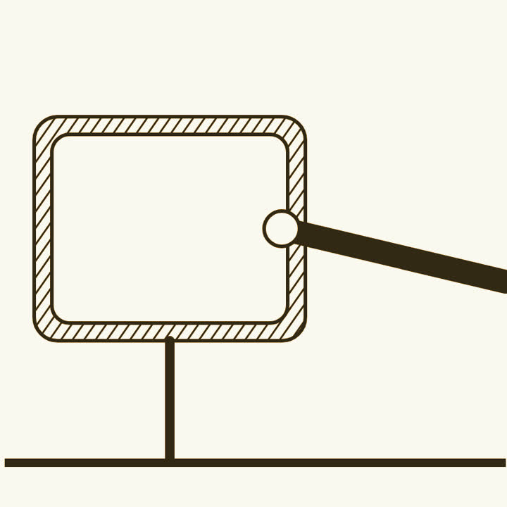 A hand reaching toward a rounded display panel on a stand