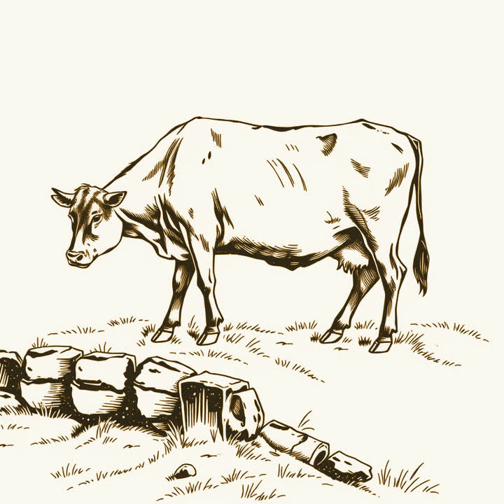 A single cow grazing on an open meadow beside a low stone wall