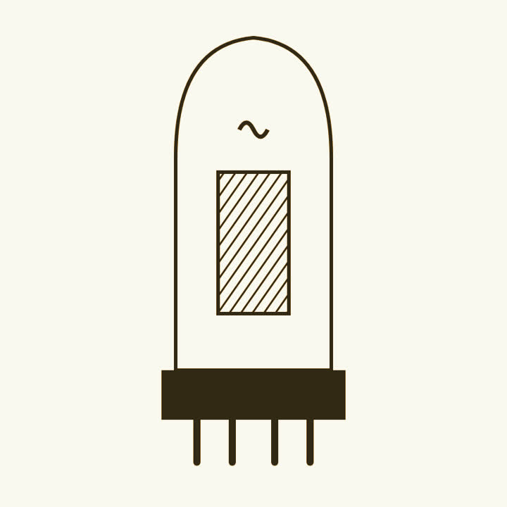 A glass valve with a glowing filament inside and metal pins at its base