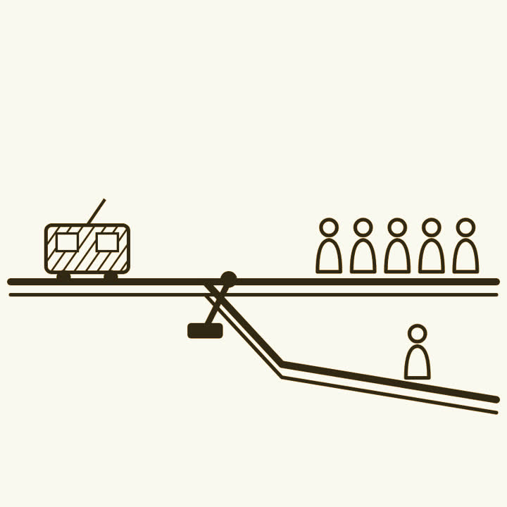 A tram heading for five workers on the main line, a lever that turns it onto a side track with one worker