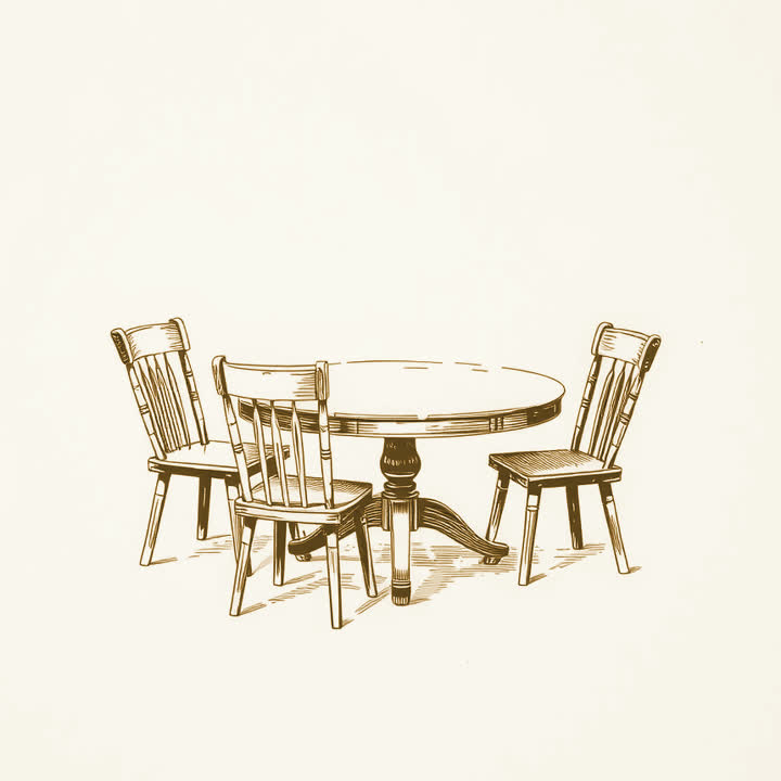 Four empty chairs arranged in a circle around a bare table, plain background, nothing else, no border