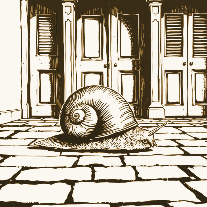A snail on a wide stone floor in front of a row of closed doors, plain background, nothing else, no border