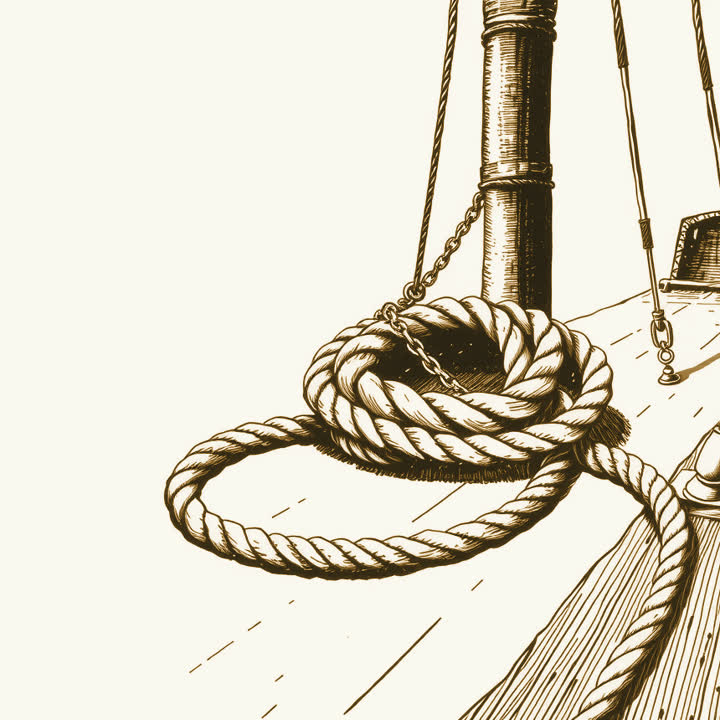 A thick coil of rope lying on a ship’s deck at the foot of a mast, nothing else, no border