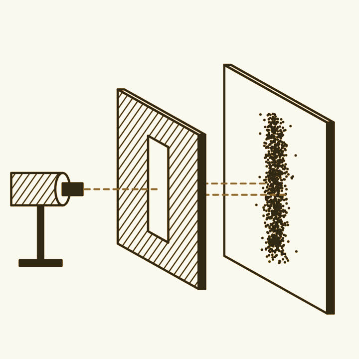 A wide slit letting a tight stripe of dots through onto the panel behind, an electron gun aimed at it