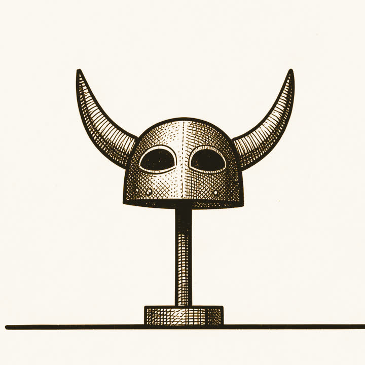 A cartoon style horned helmet on a stand