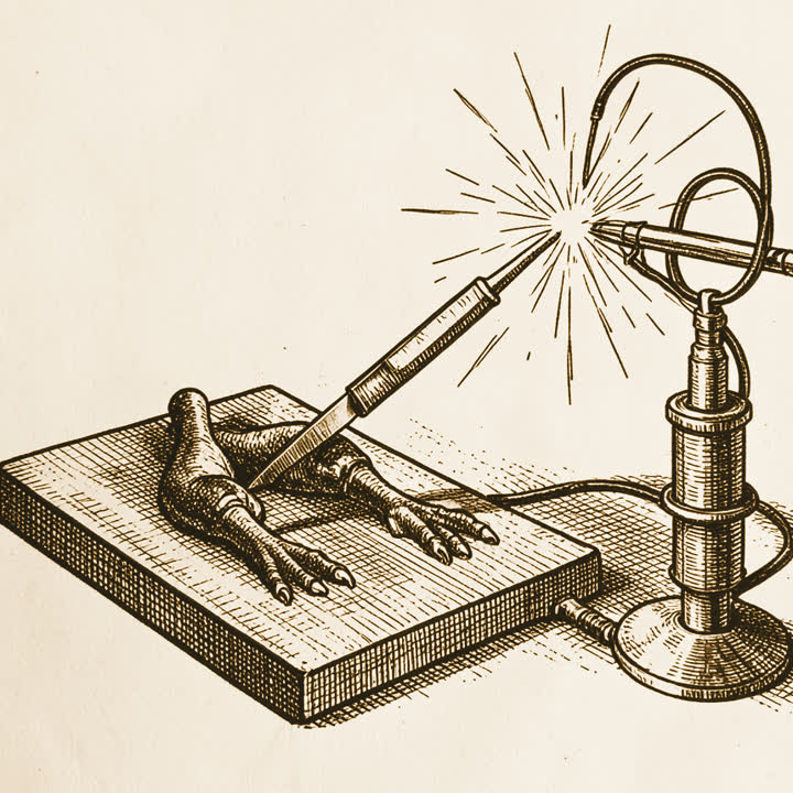 A pair of frog’s legs on a board, a scalpel touching the nerve, and an electrical machine giving off sparks nearby