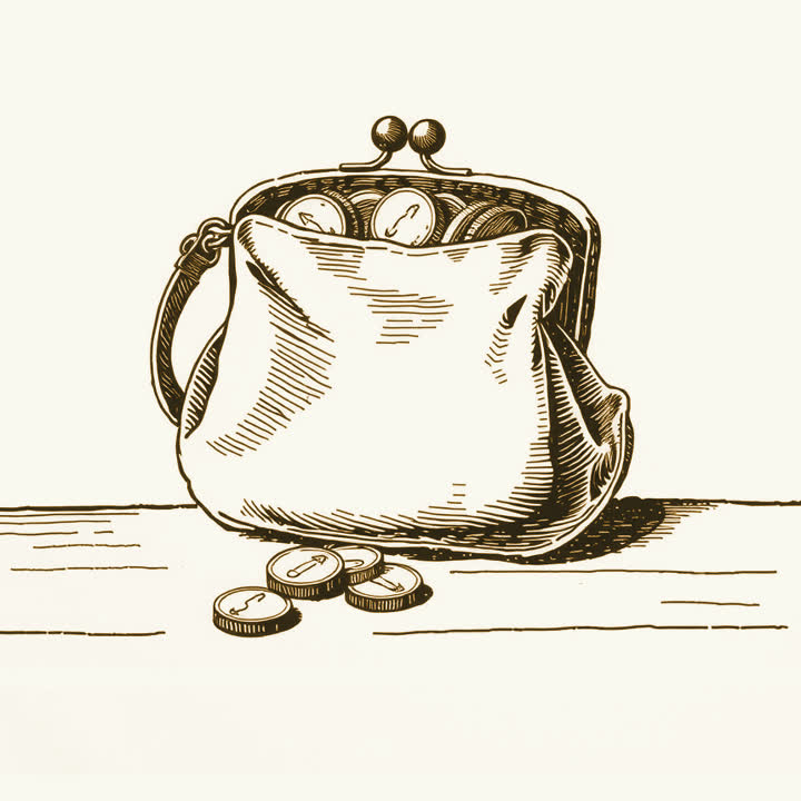 A small leather purse fat with coins sitting on a bare wooden table