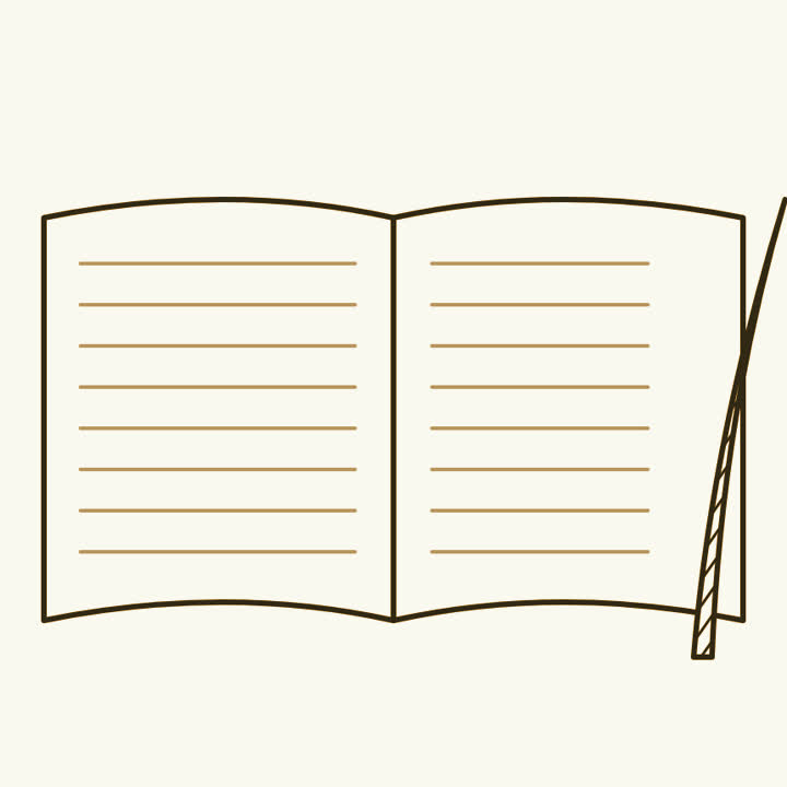 An old book lying open with a quill pen resting in its narrow margin