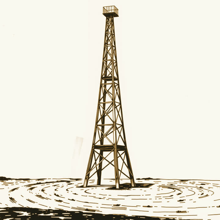 A wooden oil derrick standing alone on a flat empty shore, plain background, nothing else, no border