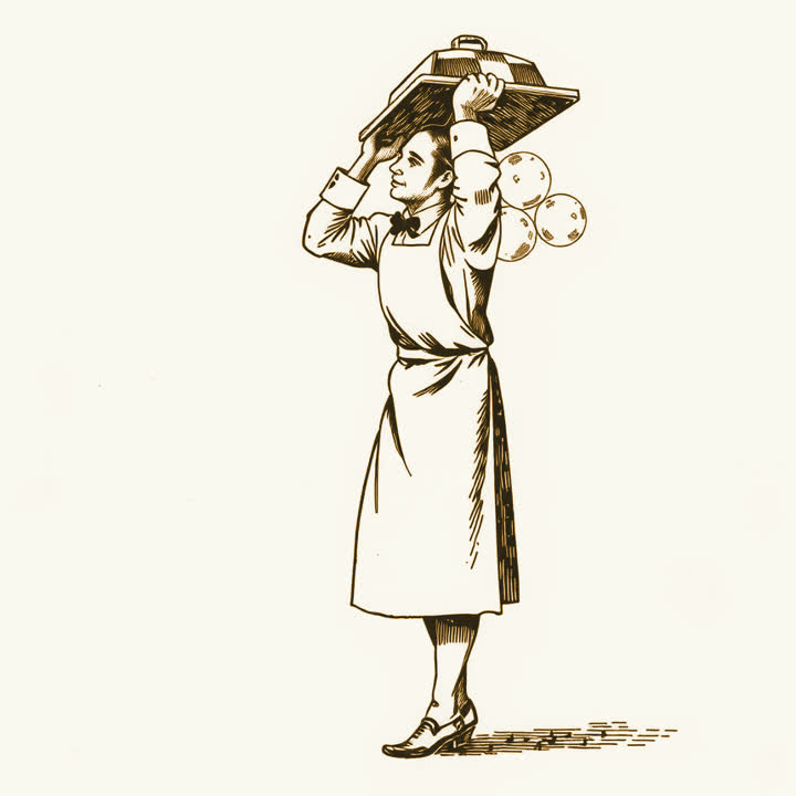 A waiter in a long apron carrying a loaded tray above his shoulder, plain background, nothing else, no border