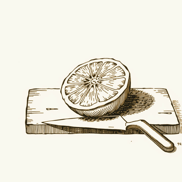 A single orange cut in half lying on a wooden board beside a knife, nothing else, no border